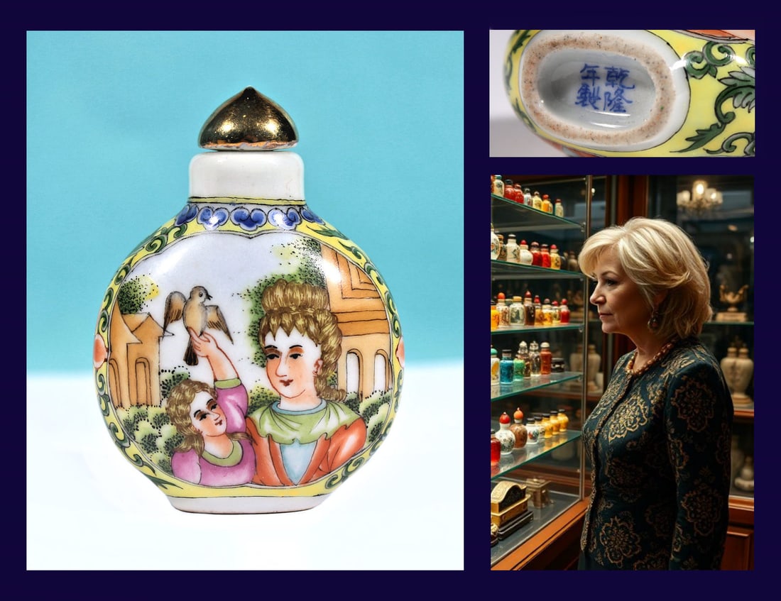 ANTIQUE SNUFF BOTTLE / HAND PAINTED PORCELAIN REPUBLIC OF CHINA FAMILLE VERTE: RARE FAMILLE VERTE 2-1/2" Inch Hand Painted Porcelain Export Snuff Bottle. In excellent condition and a masterpiece of Chinese applied arts. The bottle features magnificent craftsmanship, lively color
