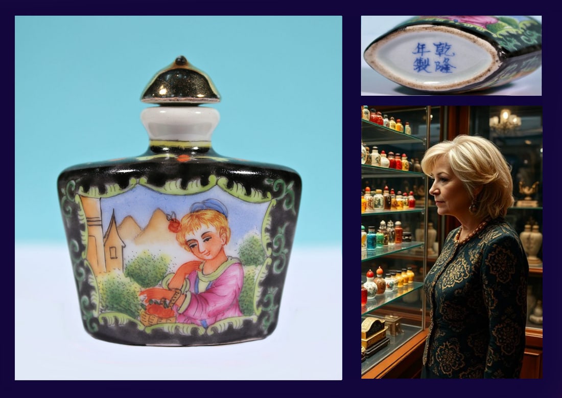 ANTIQUE SNUFF BOTTLE / HAND PAINTED PORCELAIN REPUBLIC OF CHINA FAMILLE VERTE: RARE FAMILLE VERTE 2-1/8 x 2" Inch Hand Painted Porcelain Export Snuff Bottle. In excellent condition and a masterpiece of Chinese applied arts. The bottle features magnificent craftsmanship, lively c