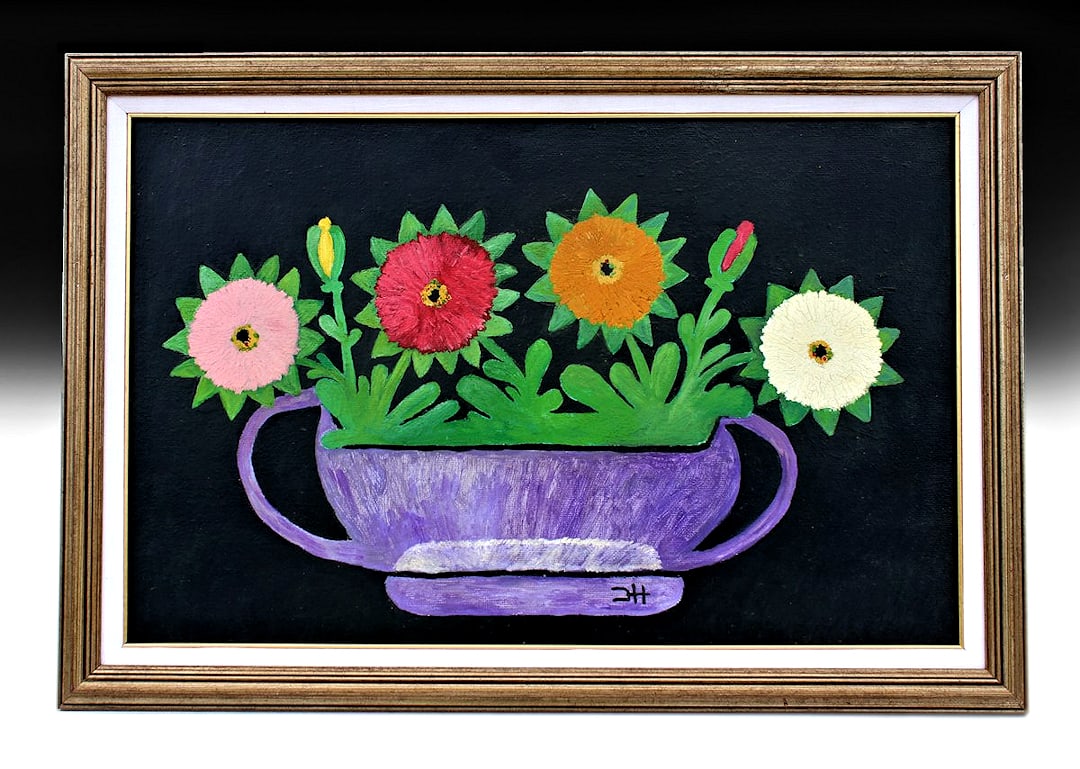BEAUTIFUL CLEMINTINE HUNTER (1887-1988) OIL PAINTING Clementine Hunter After Zinnias Folk Art Era (1 of 7)