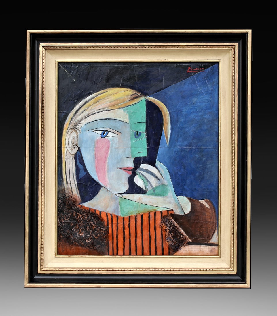 COA PABLO PICASSO (1893-1973) MUSEUM STAMPED OIL PAINTING / After Picasso Miro, Matisse, Braque Era: PABLO PICASSO (1893-1973)/ 1938 OIL PAINTING ON NEWSPAPER MOUNTED ON BOARD . The art measures 32 x 28 Inches framed and 20x24 inches without it. The item is in a very condition. A magnificent cubist p