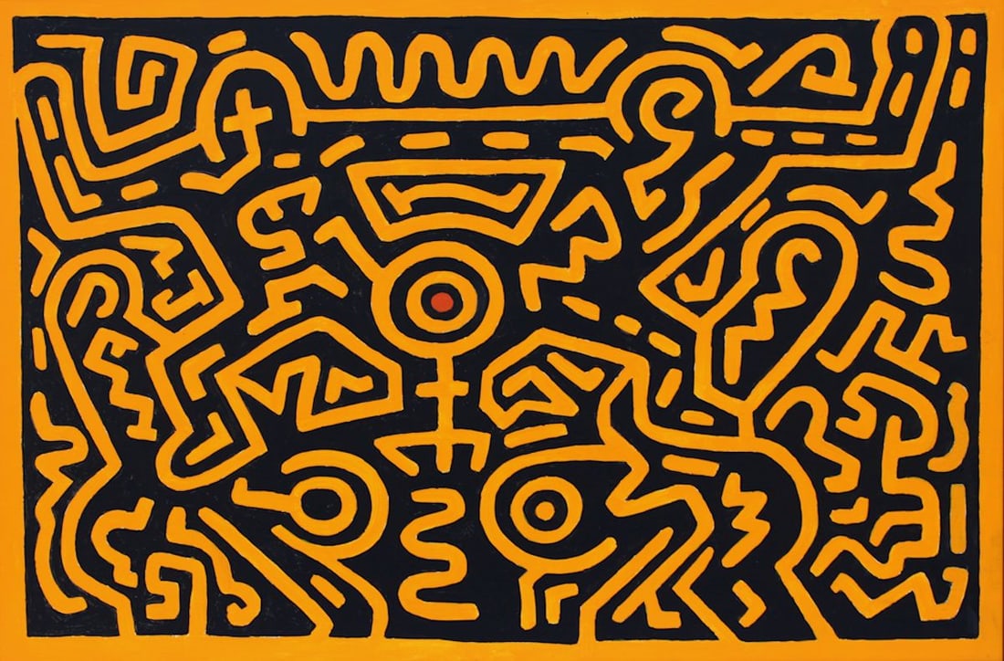 COA KEITH HARING (1958-1990) / Pop Art / Large Painting on Board Growing Series: The lot consist of a large acrylic painting on canvas measuring 25 x 37 Inches with the frame and 24 x 36 without it. The painting is dated 1987 and signed. It is classified as Kieth Harings "Growing 