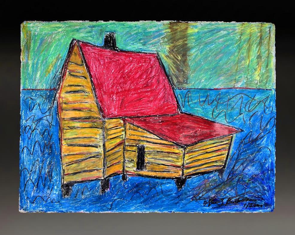 BEVERLY BUCHANAN / IMPORTANT SHACK PAINTING DRAWING / Buchanan After Dilmus Hall Era: The lot consists of am IMPORTANT SHACK OIL PASTEL PAINTING on handmade rag paper measuring 30 x 22 inches and in excellent condition. The painting depicts a rural shack , a typical subject for this ar