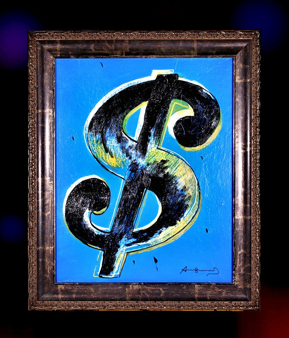 ANDY WARHOL (1928-1987) Dollar Sign Mix Media on Canvas 1981 / Pop Art: ANDY WARHOL(American 1928-1987) Title: "$" [dollar sign] [1981] Medium: Acrylic and oil on canvas Date: Composed 1981 Dimensions: Framed size: 21 x 25 in / Canvas size 20 x 16 in. Lot Note(s): Signed 