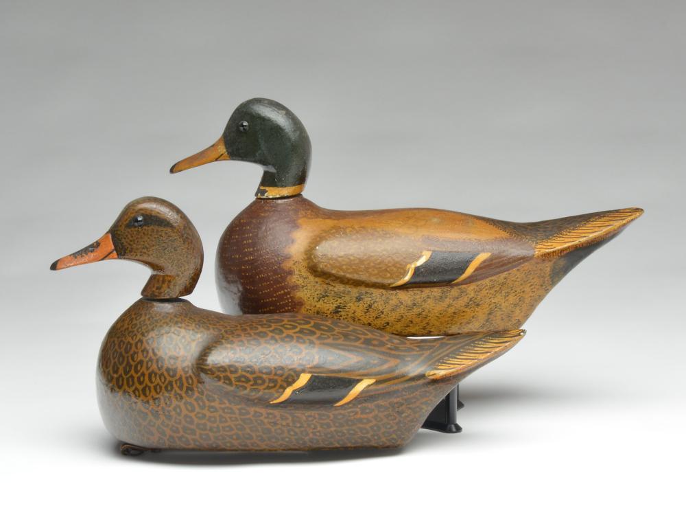 Pair of mallards, Bernard Ohnmacht, Lafayette, Indiana.: Pair of mallards, Bernard Ohnmacht, Lafayette, Indiana. 15.25" long. Relief wings and swivel head. Both are stamped "GBM." Canvas over cork construction. Literature: "Decoys of the Mississippi Flyway,