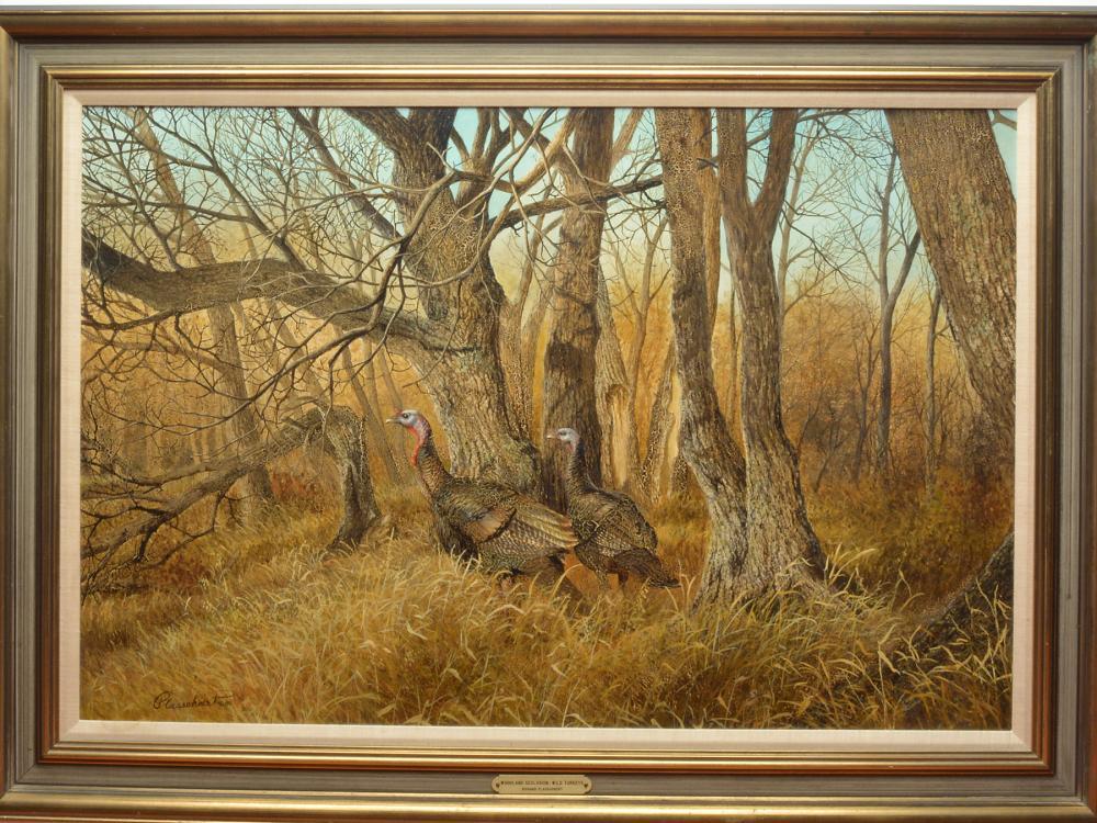 "Woodland Seclusion - Wild turkeys," oil on board,: "Woodland Seclusion - Wild turkeys," oil on board, Richard W. Plasschaert (b. 1941). Two turkeys in an autumn landscape. Signed lower left. Professionally framed. Image measures 24.75" by 37.5". Notes