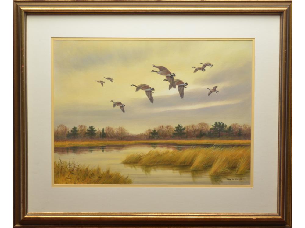 Watercolor of flying geese, John W Taylor (b.1931).: Watercolor of flying geese, John W Taylor (b.1931). Signed lower right. Professionally matted and framed. Image measures 17.25" by 23.25". Notes: Painting