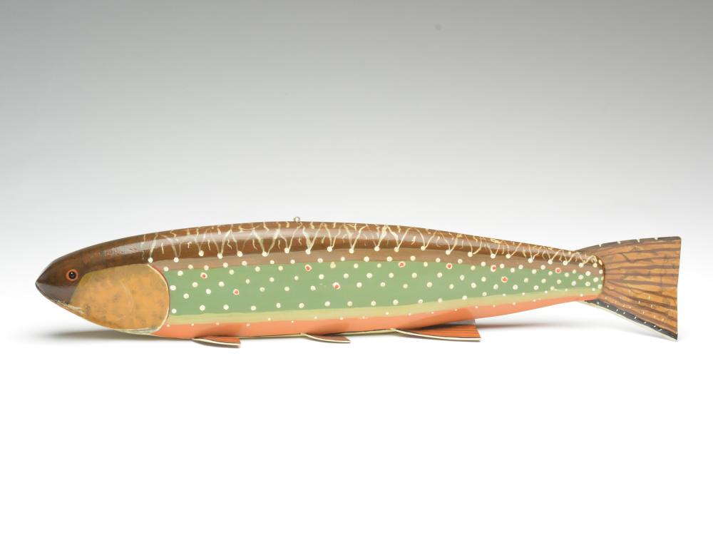 Trout fish decoy, John Fairfield, Michigan.: Trout fish decoy, John Fairfield, Michigan. Supposedly one of only two made this size. Signed on underside and dated 1991. Painted eye and carved gill and mouth. Metal inset fins. 24" long. Provenance