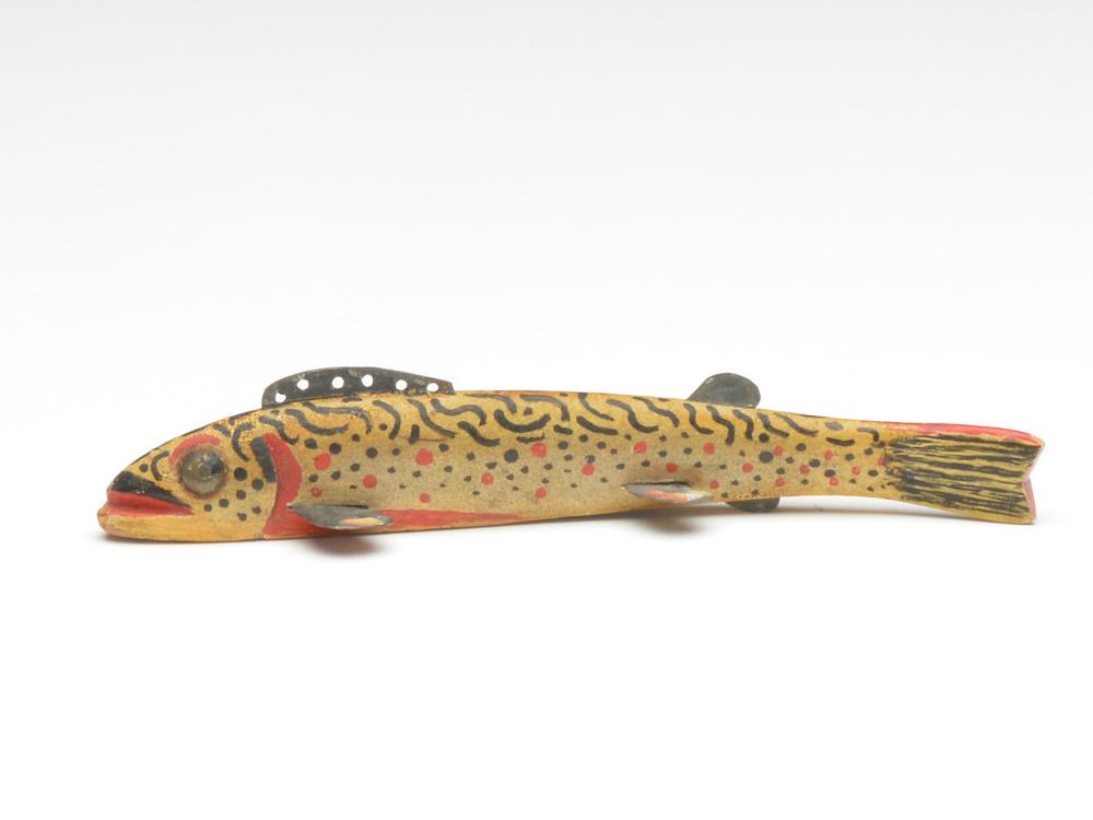Trout, Oscar Peterson, Cadillac, Michigan.: Trout, Oscar Peterson, Cadillac, Michigan. Tack eyes. Measures 6.75" long. Notes: Fish