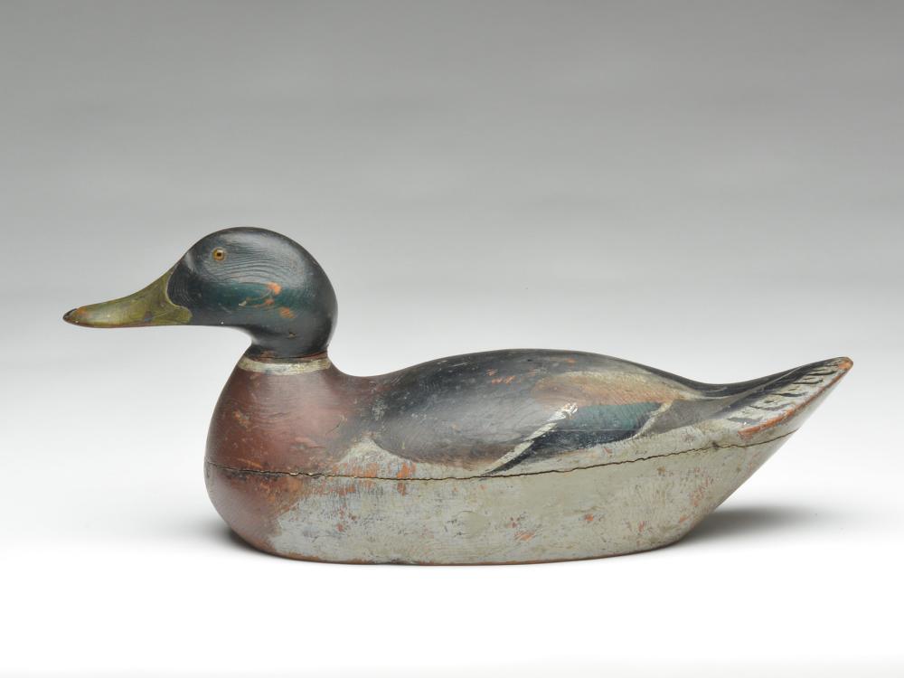 Mallard drake, Mason Decoy Factory, Detroit, Michigan.: Mallard drake, Mason Decoy Factory, Detroit, Michigan. Premier grade. 18" long. Branded "OT" and "AH" in underside. Notes: Decoy