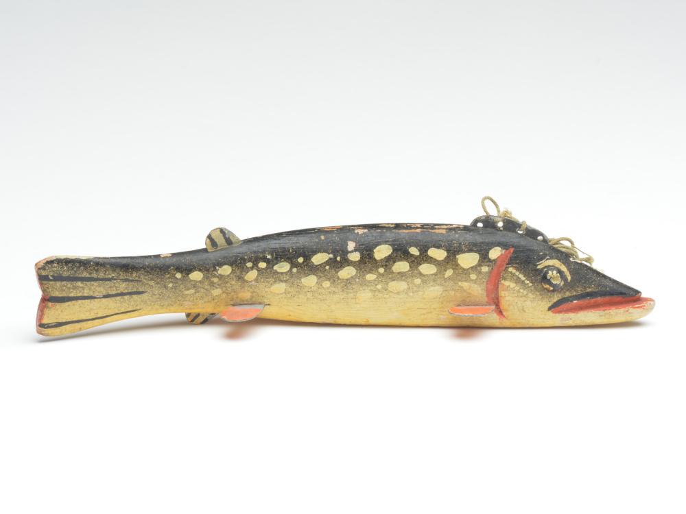 Pike fish decoy, Oscar Peterson, Cadillac, Michigan,: Pike fish decoy, Oscar Peterson, Cadillac, Michigan, 1st half 20th century. Pike fish decoy, Oscar Peterson, Cadillac, Michigan, 1st half 20th century. Rounded brass tack eyes with black paint. 9.5" l