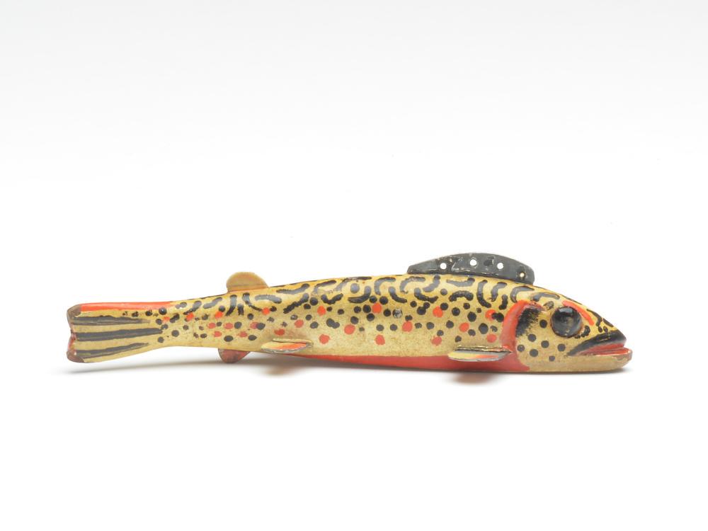 Brook trout, Oscar Peterson, Cadillac, Michigan, 1st: Brook trout, Oscar Peterson, Cadillac, Michigan, 1st half 20th century. Brook trout, Oscar Peterson, Cadillac, Michigan, 1st half 20th century. Round tack eyes. 6" long x .5" wide x 1" tall.
