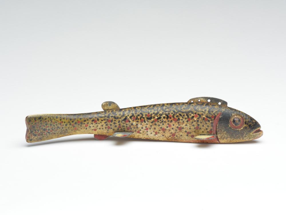 Rare carved eye brook trout fish decoy, Oscar Peterson,: Rare carved eye brook trout fish decoy, Oscar Peterson, Cadillac, Michigan, 1st half 20th century. Rare carved eye brook trout fish decoy, Oscar Peterson, Cadillac, Michigan, 1st half 20th century. Ca