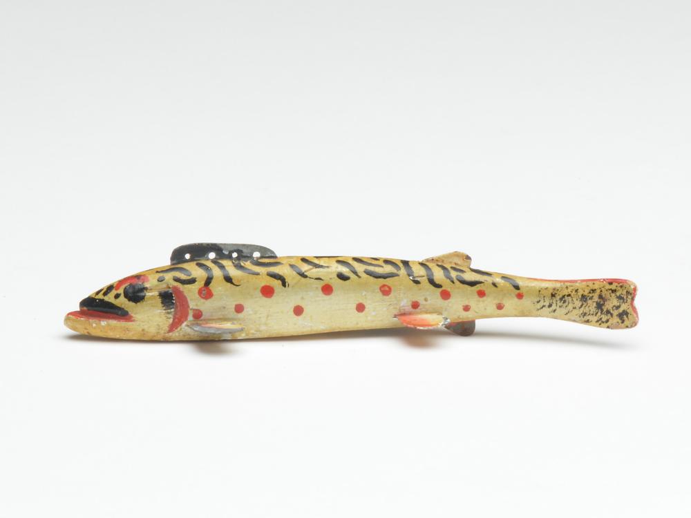 Brook trout fish decoy, Oscar Peterson, Cadillac,: Brook trout fish decoy, Oscar Peterson, Cadillac, Michigan, 1st half 20th century. Brook trout fish decoy, Oscar Peterson, Cadillac, Michigan, 1st half 20th century. Painted eye. Measures 5.75" long x