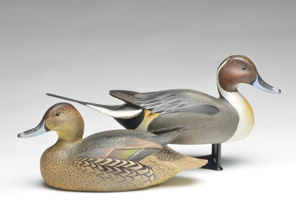Pair of pintails, Ward Brothers, Crisfield, Maryland.: Pair of pintails, Ward Brothers, Crisfield, Maryland. Balsa. Pair of pintails, Ward Brothers, Crisfield, Maryland. Signed and dated 1959. Drake is 17.5" long. Both have slightly turned heads, carved s
