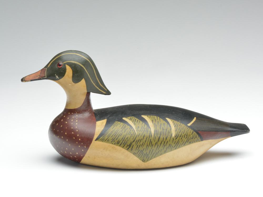 Wood duck drake, Joseph Lincoln, Accord, Massachusetts.: Wood duck drake, Joseph Lincoln, Accord, Massachusetts. Wood duck drake, Joseph Lincoln, Accord, Massachusetts. 15" long. Branded "CF Spear Situate" in underside.