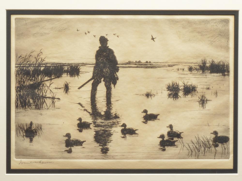 "Waterfowler", Frank W. Benson (1862-1951).: "Waterfowler", Frank W. Benson (1862-1951). "Waterfowler", Frank W. Benson (1862-1951). Paff #220, edition of 150, 1923. Signed lower left. Plate measures 11 3/4" by 7 7/8".