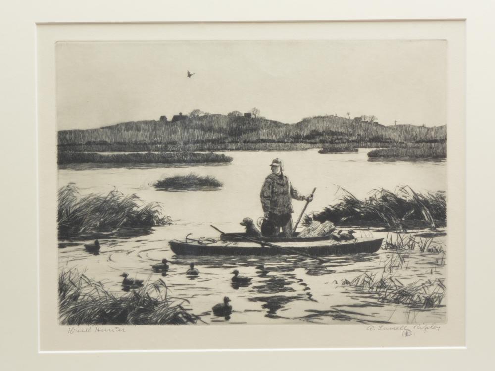 "Duck Hunter", Aiden Lassell Ripley (1896-1969).: "Duck Hunter", Aiden Lassell Ripley (1896-1969). "Duck Hunter", Aiden Lassell Ripley (1896-1969). Titled lower left and signed lower right. Plate measures 9 13/16" by 7 1/8".