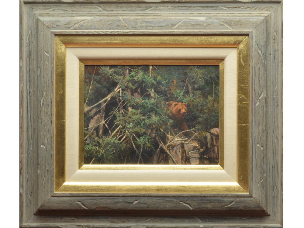 "Out of the Dark - Grizzly", John Seerey-Lester: "Out of the Dark - Grizzly", John Seerey-Lester (b.1946). "Out of the Dark - Grizzly", John Seerey-Lester (b.1946). Oil on canvas. Signed lower right. Measures 8 1/2" by 11 1/2".