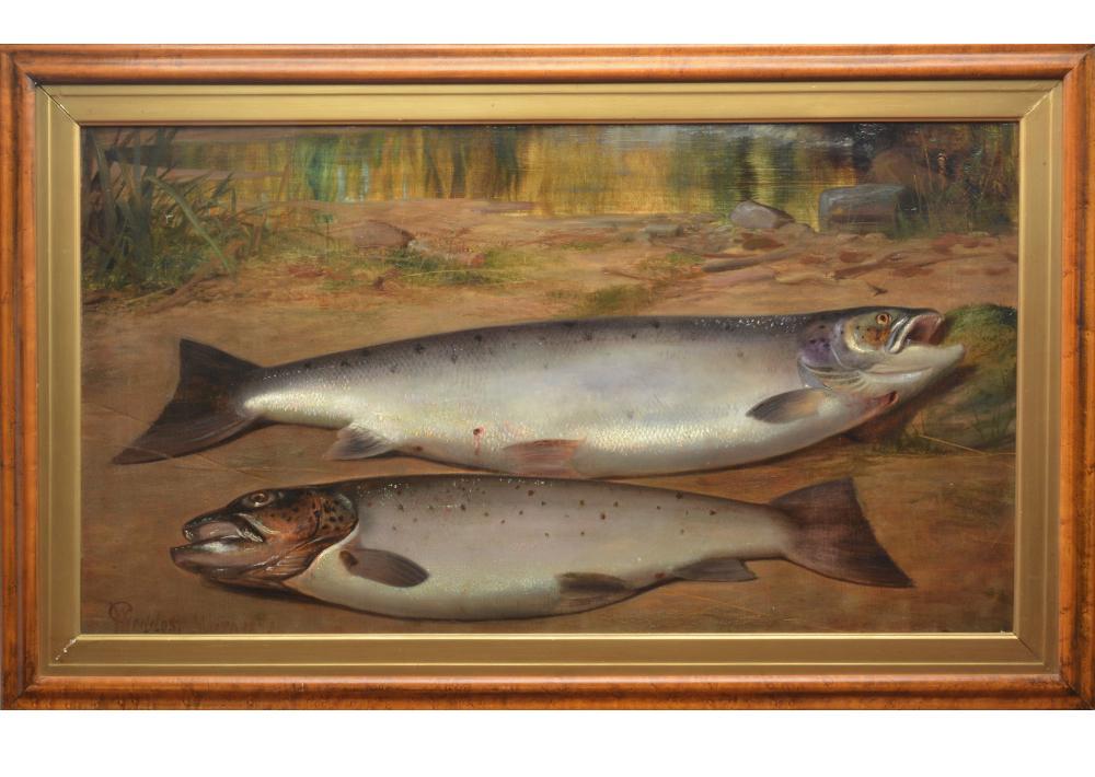 Bull Trout, an oil on canvas, William Geddes (1841: Bull Trout, an oil on canvas, William Geddes (1841-1884). Geddes exhibited at the Royal Scottish Academy Anuual Exhibition from 1865-1884. Signed lower left. Image depicting two trout laying on rocky 
