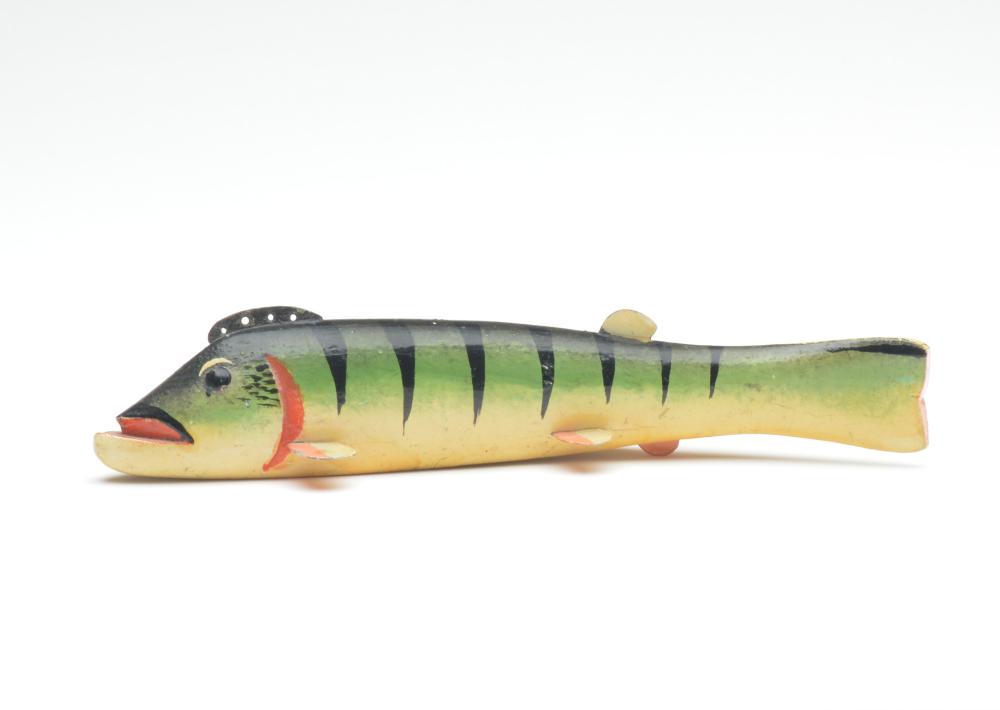 An early and excellent perch fish decoy, Oscar: An early and excellent perch fish decoy, Oscar Peterson, Cadillac, Michigan, 1st quarter 20th century. A thick body that measures 1.25" wide x 1.6" tall x 9.25" long. Condition Excellent original pain