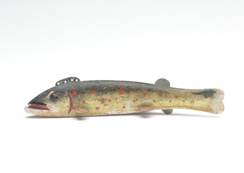 Fish decoy, Oscar Peterson, Cadillac, Michigan, 1st: Fish decoy, Oscar Peterson, Cadillac, Michigan, 1st quarter 20th century. Brown trout. 9" long x 1" wide x 1.5" tall. Condition Original paint protected by a coat of varnish; rough area at front of fa