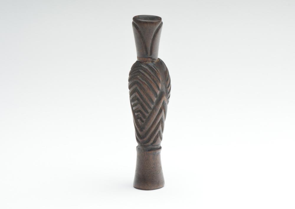 Duck call, unknown maker.: Duck call, unknown maker. Realfoot style insert. Highly decorated carving, shows good age. 5.75" long. Condition Wedge block is a possible replacement.