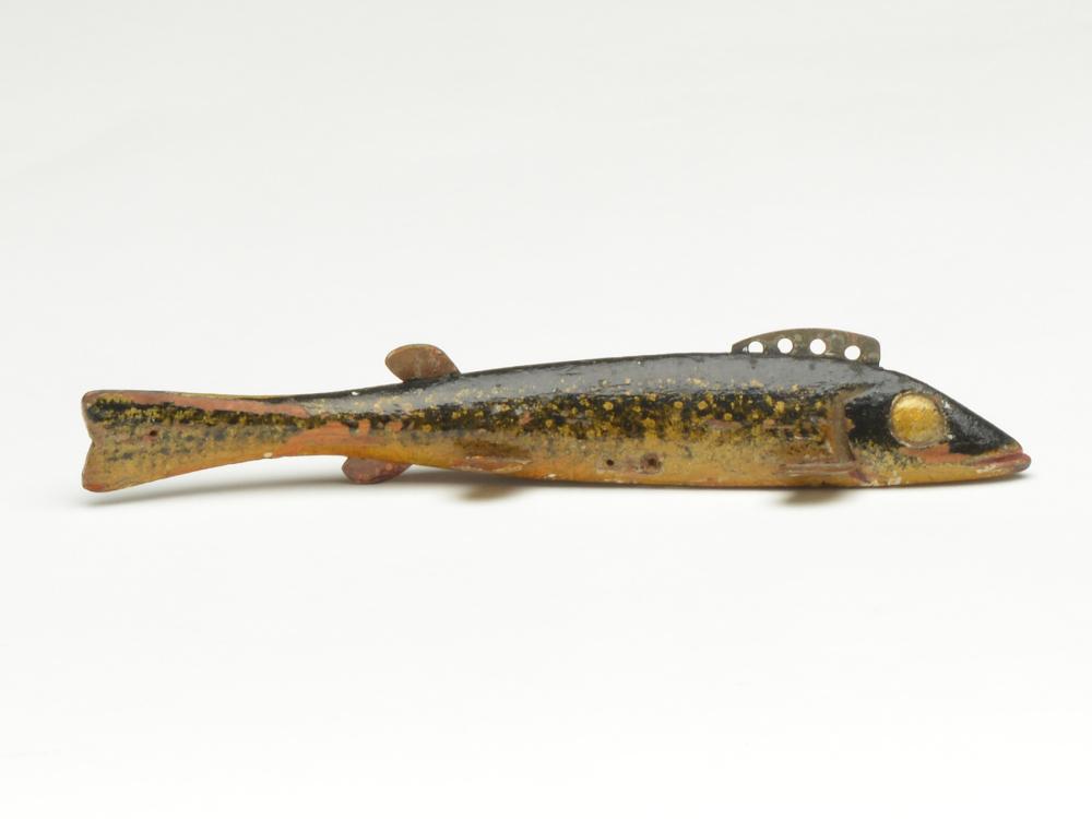 Walleye fish decoy, Oscar Peterson, Cadillac, Michigan.: Walleye fish decoy, Oscar Peterson, Cadillac, Michigan. An early carved eye model, which is unusual for a fish this size. 6.5" long x 1" tall x 5/8" wide. Provenance: Michaan collection. Literature: "