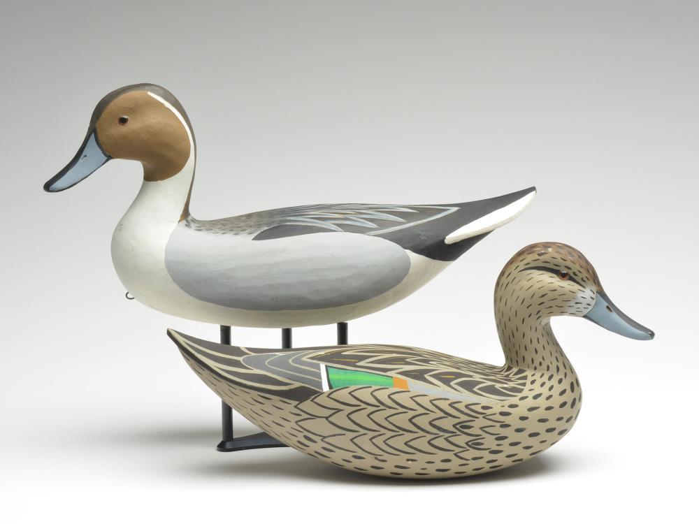 Pair of pintails, Barry Chauvin, Larose, Louisiana.: Pair of pintails, Barry Chauvin, Larose, Louisiana. Drake is 17" long. Both have Chauvin's stamp in the underside. Both have slightly turned heads, glass eyes, and lifted tails. Notes: Decoy