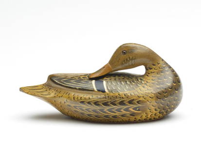 Preening mallard hen, Cline McAlpin: Preening mallard hen, Cline McAlpin, Henry, Illinois. 6.25" long. Raised caved wingtips. Provenance: Formerly in collection of Otto Meyer. Notes: Decoy