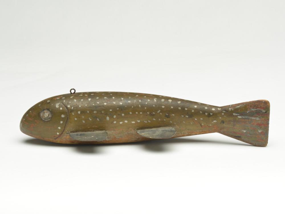 Sucker fish decoy, Ted VanDenBossche, circa 1930.: Sucker fish decoy, Ted VanDenBossche, circa 1930. Carved eyes and carved gills. 10" long. Provenance: Michaan collection. Literature: "American Fish Decoys," Steven Michaan, p. 138, exact fish picture