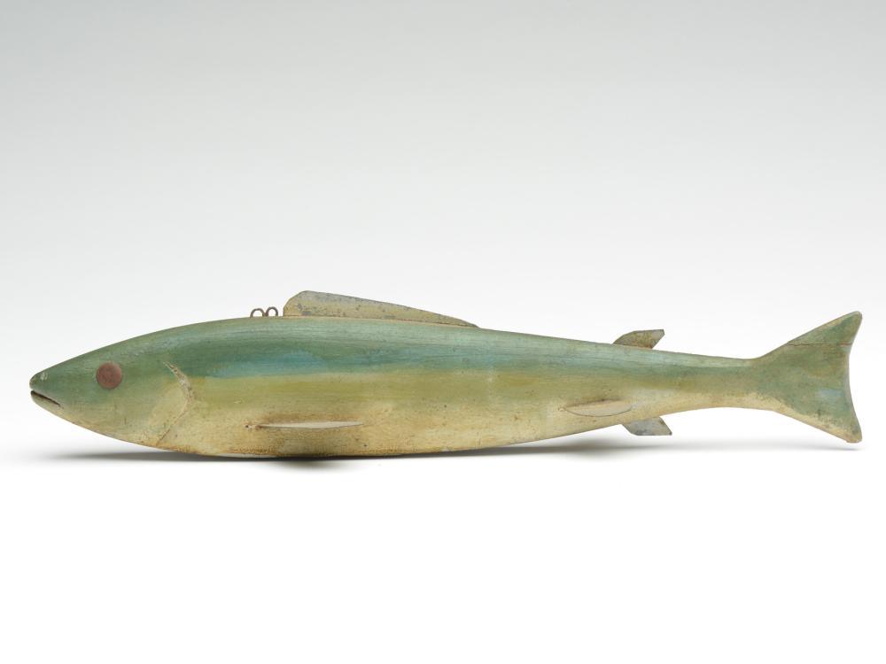 Large trout fish decoy, attributed to Frank Schmidt,: Large trout fish decoy, attributed to Frank Schmidt, Detroit, Michigan. Tack eyes, carved mouth and gills. Metal fins with wooden tail. 15" long. Provenance: Michaan collection. Notes: Decoy