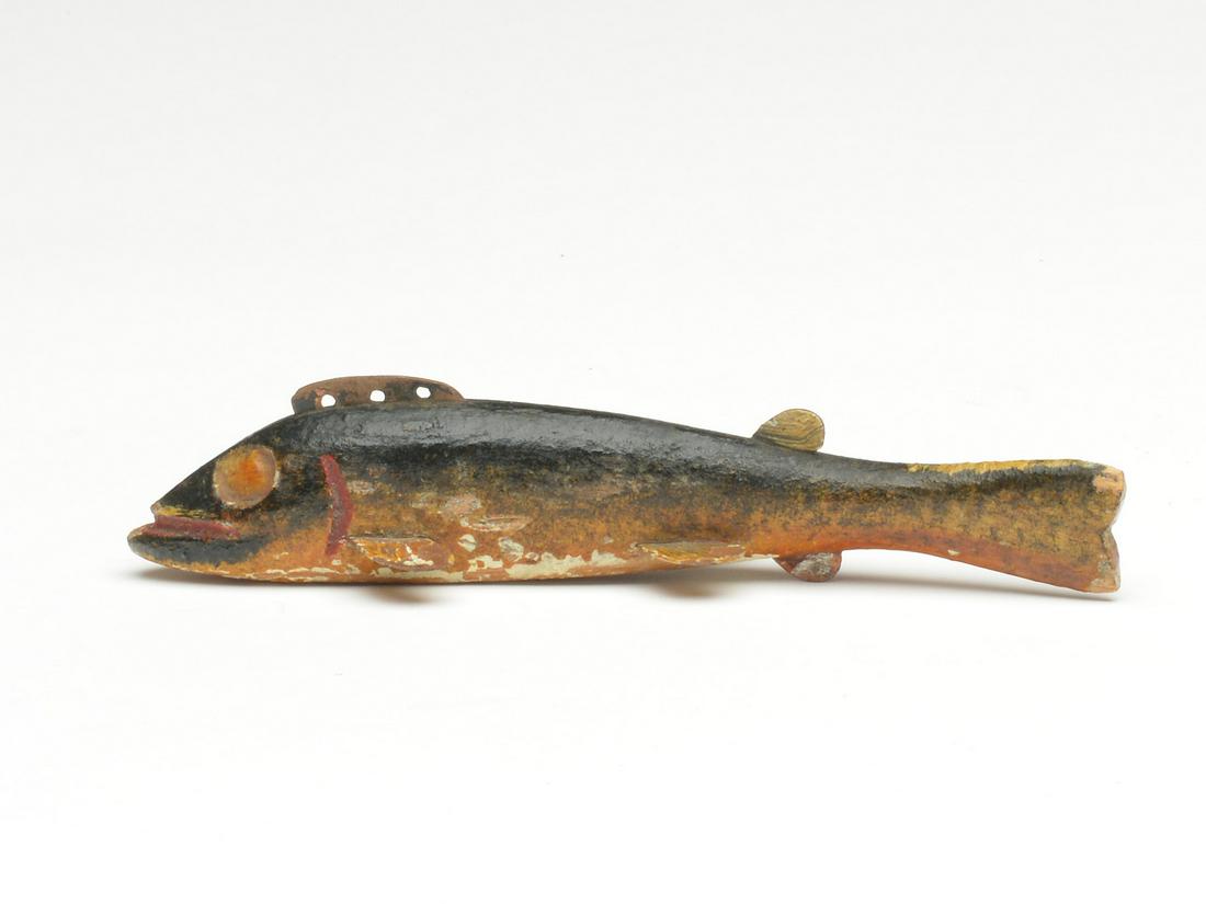 Walleye fish decoy, Oscar Peterson, Cadillac, Michigan,: Walleye fish decoy, Oscar Peterson, Cadillac, Michigan, 1st quarter 20th century. Carved eye model, which is rare for this size. 5.25" x 7/8" tall x 5/8" wide. Provenance Steven Michaan collection. Li