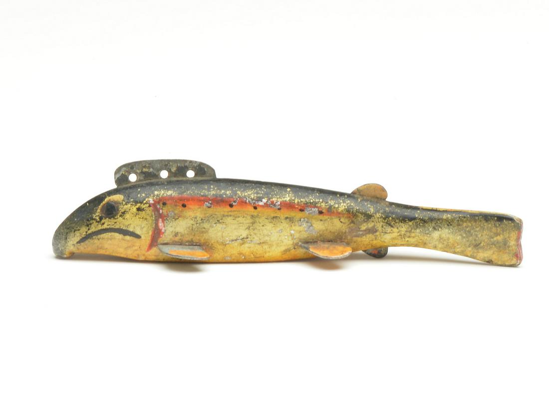Sucker fish decoy, Oscar Peterson, Cadillac, Michigan,: Sucker fish decoy, Oscar Peterson, Cadillac, Michigan, 1st quarter 20th century. In breeding colors. Tack eyes with carved mouth and gill. 5" x 7/8" tall x 5/8" wide. Provenance Steven Michaan collect