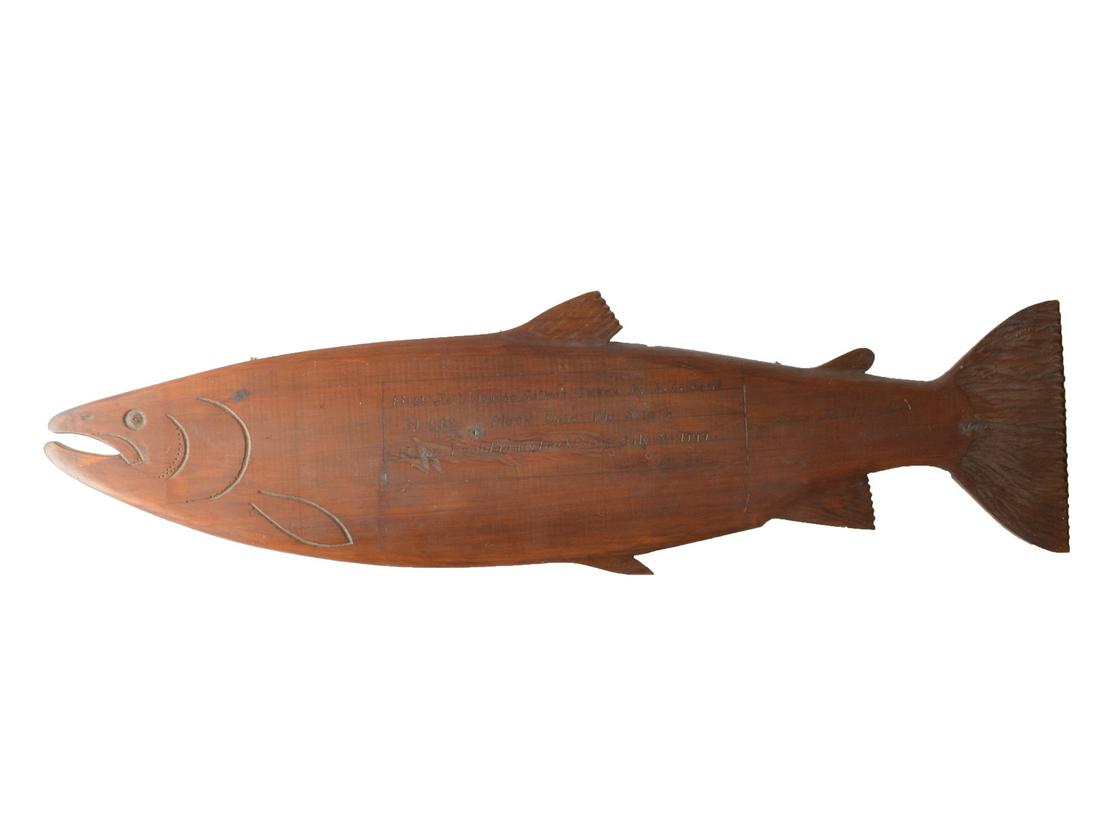 Carved trophy fish, Atlantic Salmon.: Carved trophy fish, Atlantic Salmon. Reads "First Restigouche salmon taking by R.N. Davis, 31 lbs. Home pool brandy brook camp, July 1949." 42" long. Provenance Michaan collection.