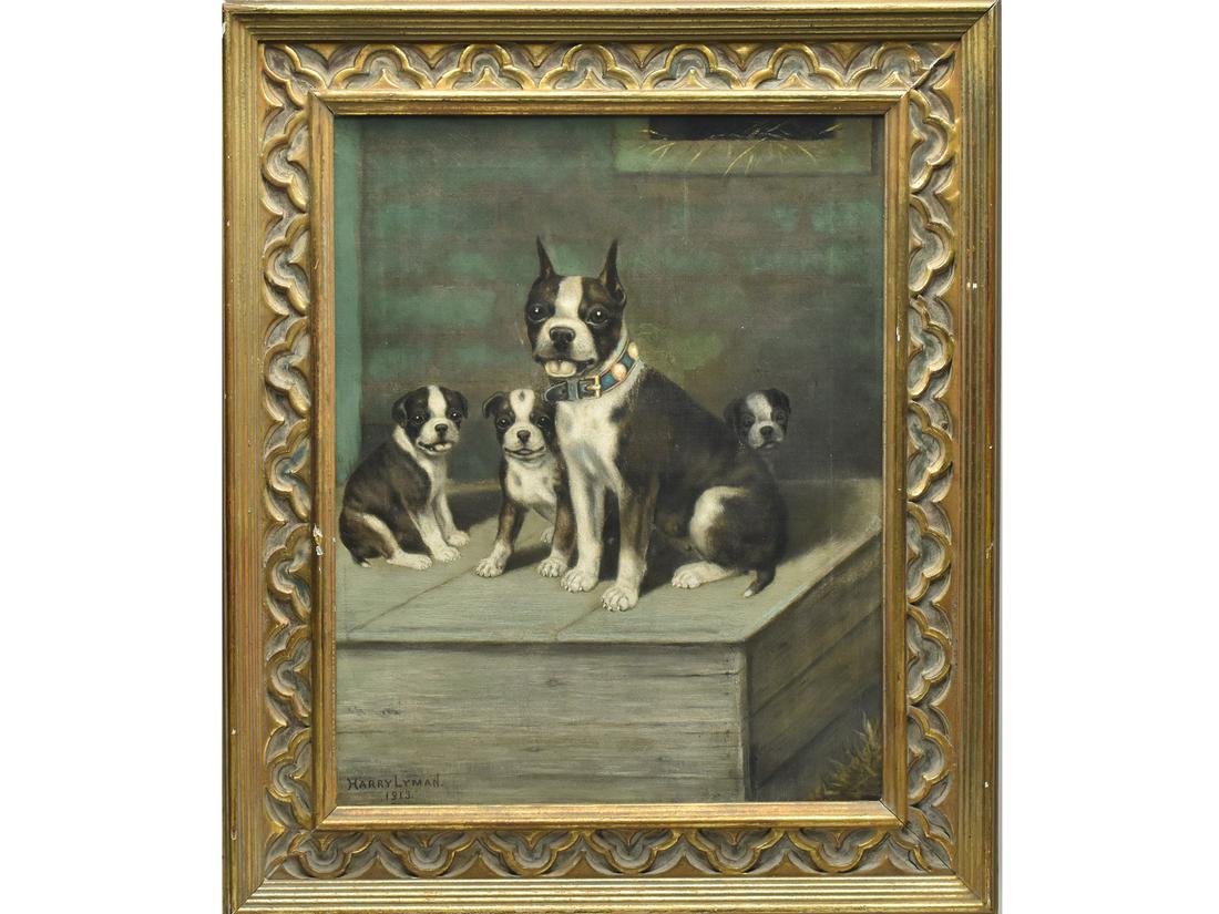 Harry Lyman (1856-1933), Oil on canvas.: Harry Lyman (1856-1933), Oil on canvas. Family of Boston terriers with female displaying decorative collar. Measures 19.5" x 16".