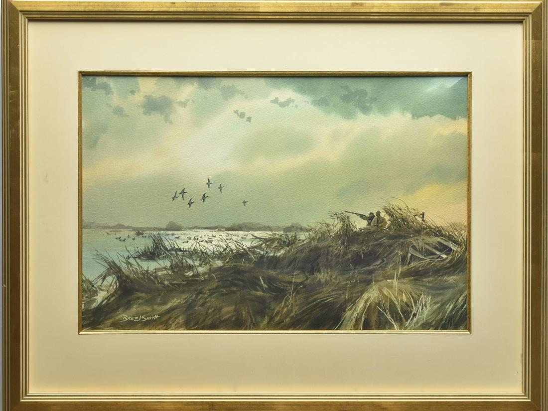 Brett Smith (b.1958), watercolor on paper.: Brett Smith (b.1958), watercolor on paper. Hunters shooting divers from marsh point. Image measures 14" x 21". Signed lower left. Linen matt with gold gilt frame. Western Wildlife Gallery sticker on b