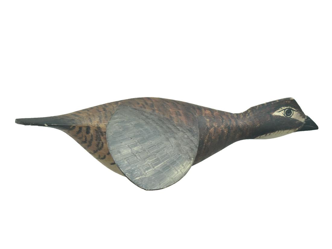 Extremely rare flying 1/3 size quail, Roy Conklin, Alexandria Bay, New York.: Extremely rare flying 1/3 size quail, Roy Conklin, Alexandria Bay, New York. "R.A.C." ink stamp under wing and on backside. Measures 7.75" long. Notes: Decoy