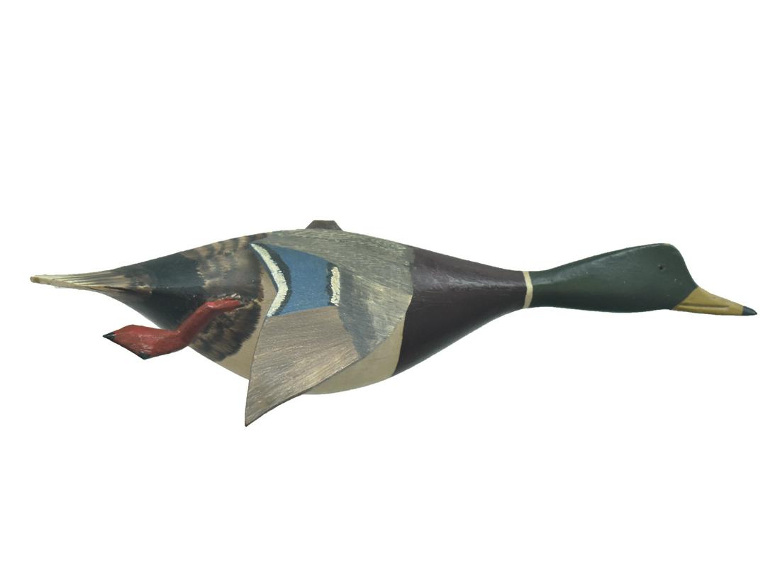 Flying 1/4 size mallard, Roy Conklin, Alexandria Bay, New York.: Flying 1/4 size mallard, Roy Conklin, Alexandria Bay, New York. Comb feather paint detail on wing. "R.A.C." ink stamp on back. Measures 7.5" long. Notes: Decoy