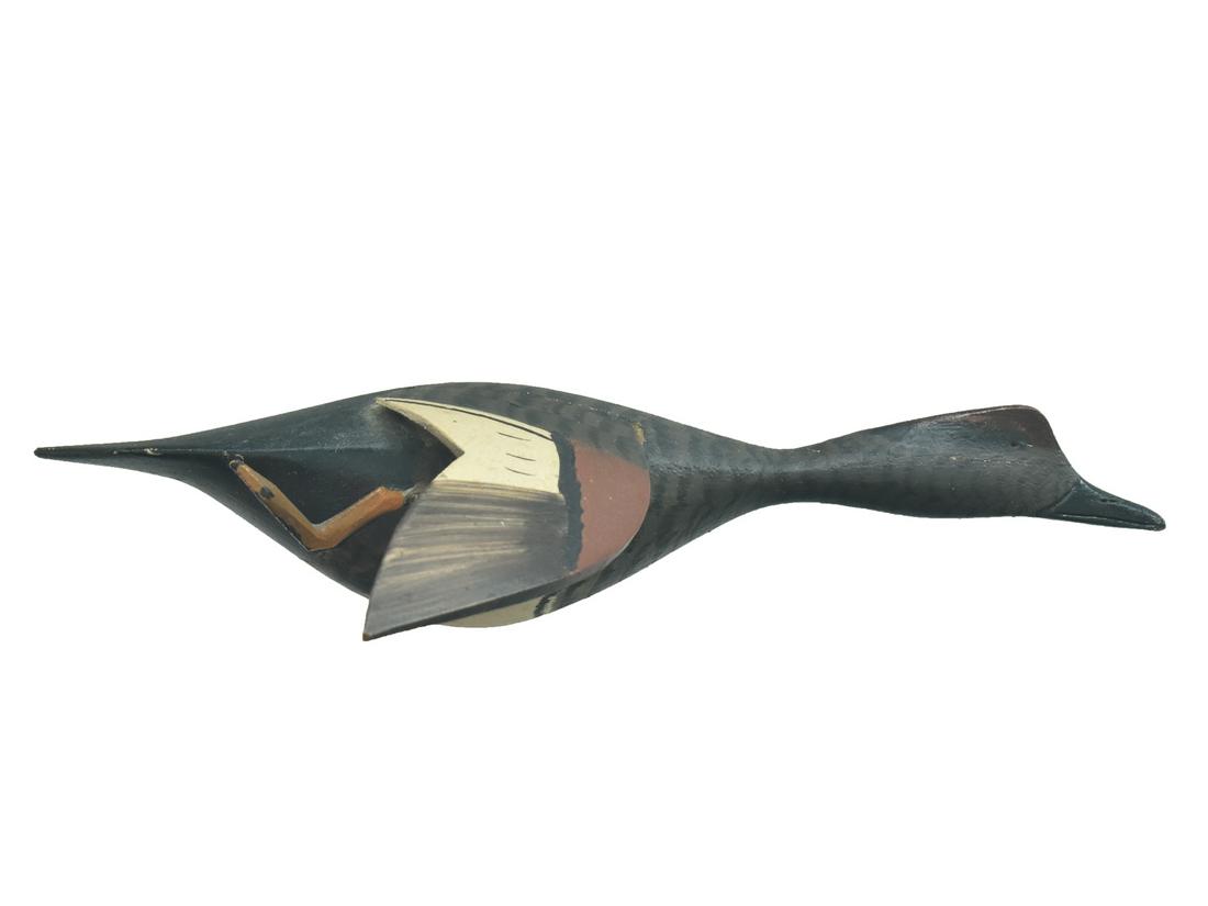 Flying 1/4 size gadwall, Roy Conklin, Alexandria Bay, New York.: Flying 1/4 size gadwall, Roy Conklin, Alexandria Bay, New York. "R.A.C." stamped on backside "Roy Conklin Jr" ink stamp. Measure 7.5" long. Notes: Decoy