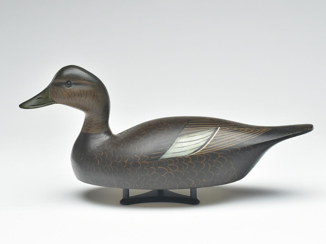Black duck, Roy Conklin, Alexandria Bay, New York.: Black duck, Roy Conklin, Alexandria Bay, New York. Slightly turned head with deep eye socket carving. Signed and dated 1960 on underside. Also branded "DFT". Measures 17" long. Notes: Decoy