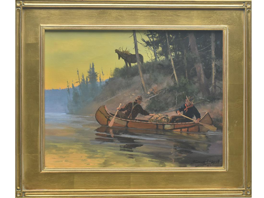 Brett James Smith (b.1958), oil on canvas.: Brett James Smith (b.1958), oil on canvas. Depicting a bull moose and hunters in a canoe. Signed lower right. Image size 13.25" x 17.25". Notes: Painting