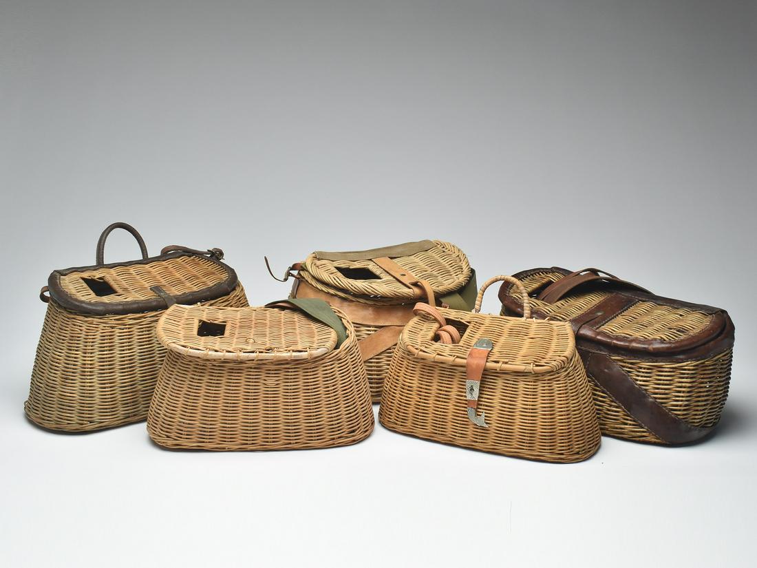 A collection of five wicker basket creels. (1 of 3)