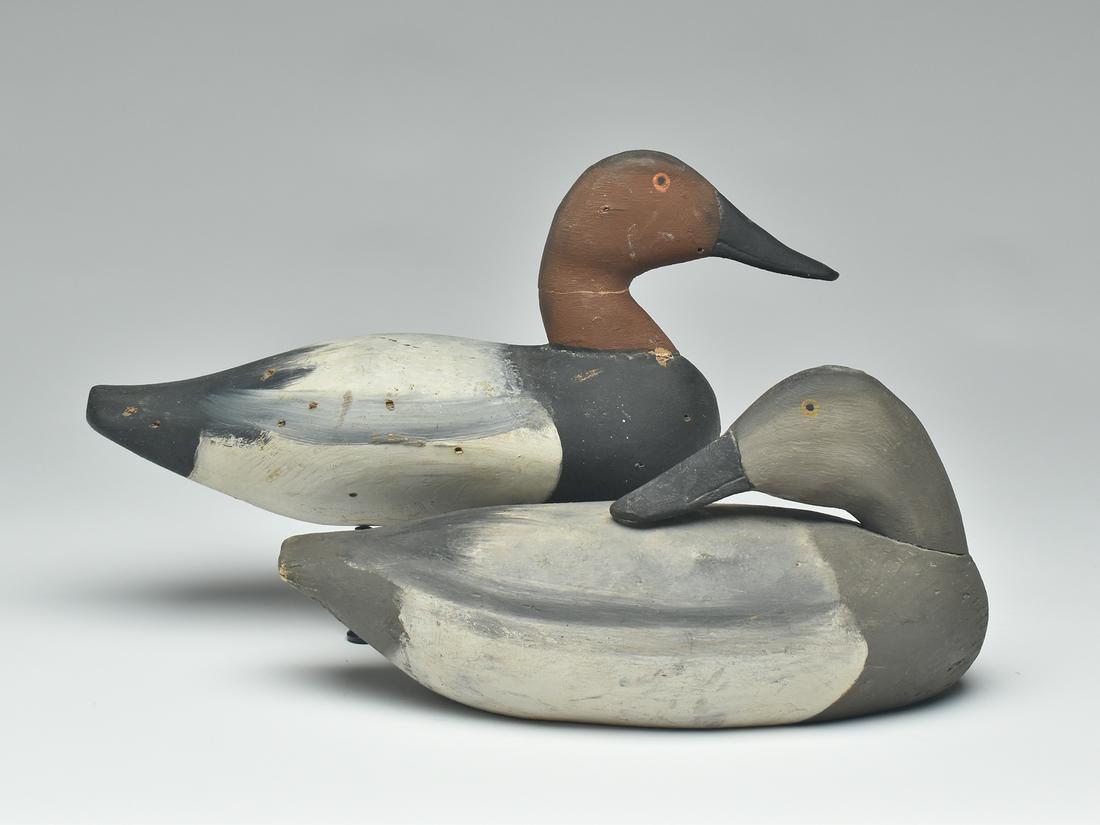 Pair of canvasbacks, Elliot Brothers, Easton, Maryland.: Pair of canvasbacks, Elliot Brothers, Easton, Maryland. Hen in preening pose. Drake's body appears to be lath turned. Measure 13" and 15" long. Provenance: Charles Long collection. Notes: Decoy