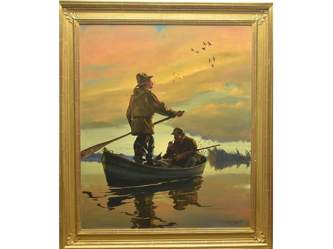 Brett Smith (b.1958), oil on canvas.: Brett Smith (b.1958), oil on canvas. Titled "Duck Storm". Depicts two hunters in a boat with ducks flying overhead. Signed lower right. Signed and titled on the verso. Measures 35.5" x 29.5". Provenan