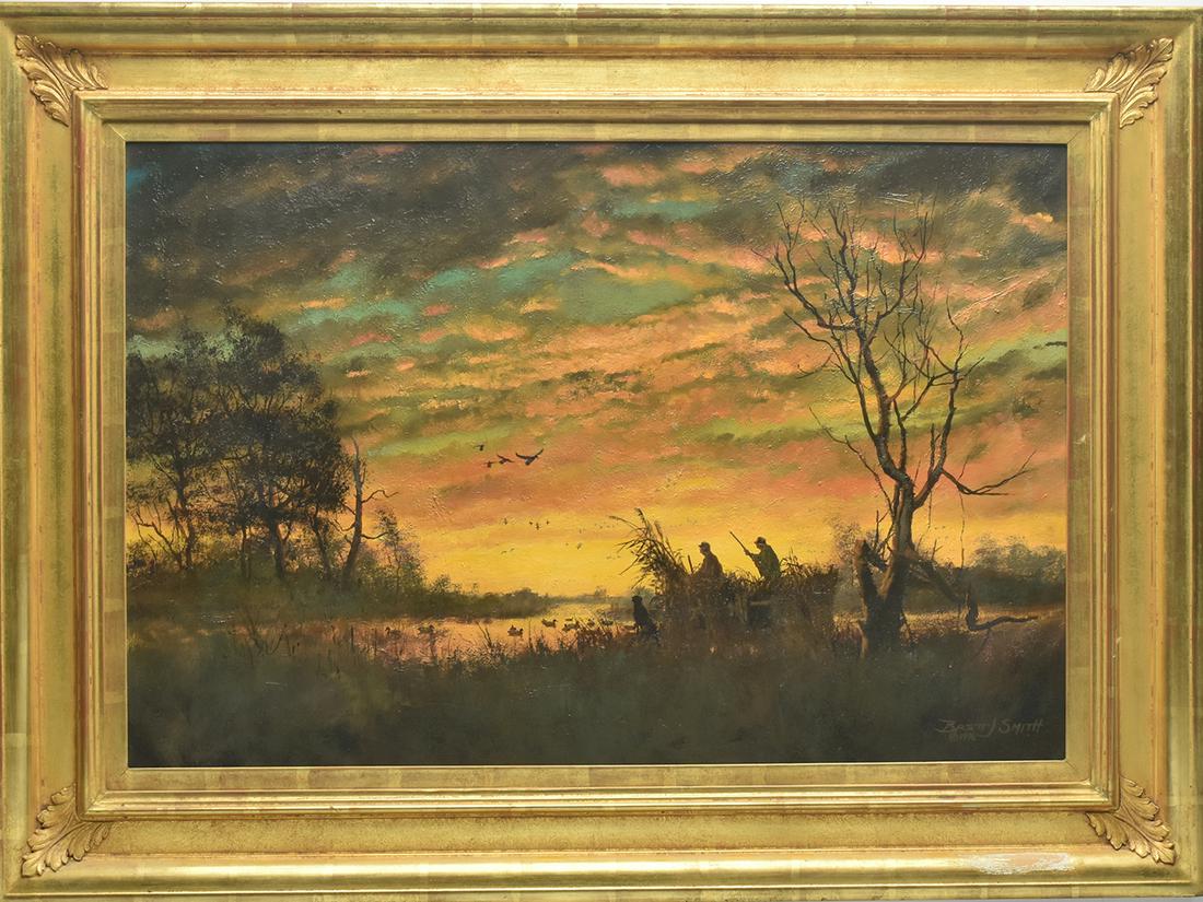 Brett Smith (b.1958), oil on board.: Brett Smith (b.1958), oil on board. Titled "The Mallard Hole". Depicts two hunters in a blind hunting ducks over decoys with a black lab watching the incoming birds. Beautifully painted morning sky. S