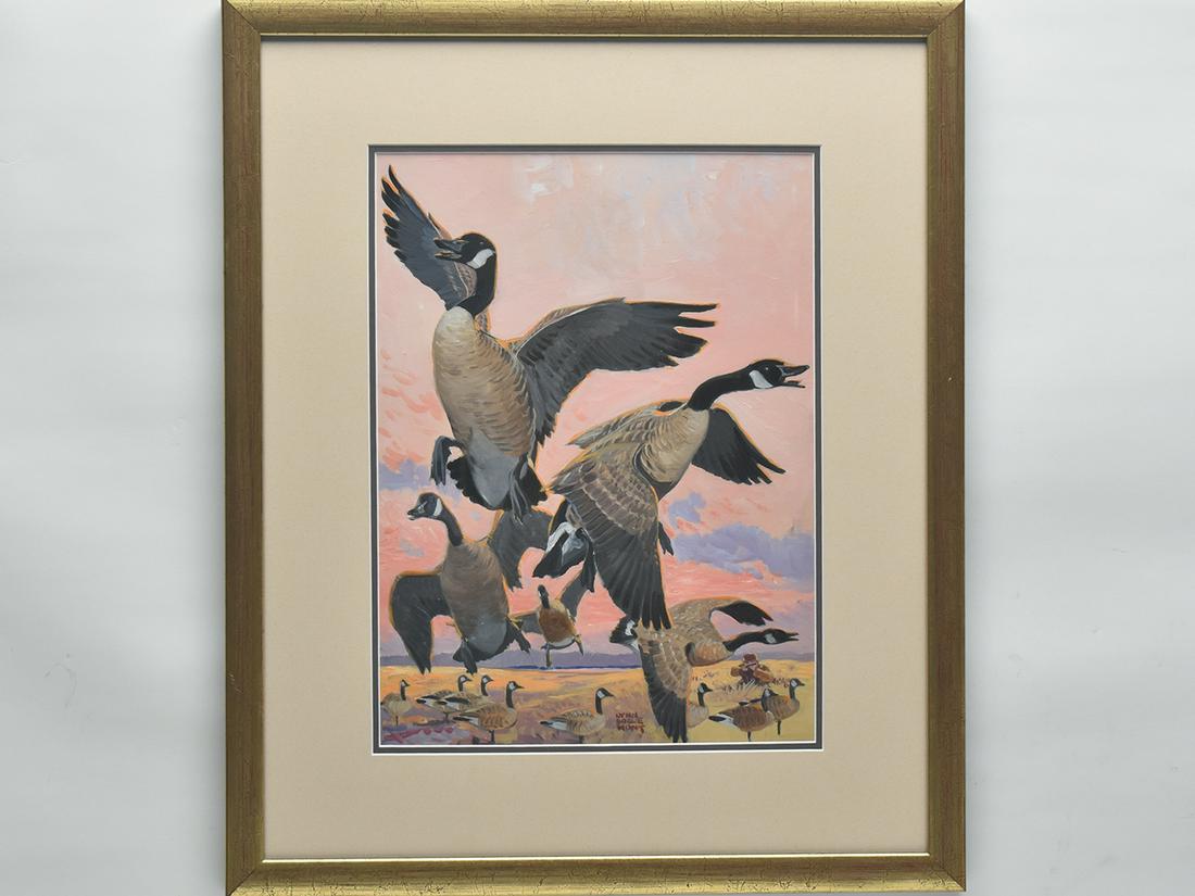 Lynn Bogue Hunt (1878-1960), gauche.: Lynn Bogue Hunt (1878-1960), gauche. Goose hunting scene with decoys and hunter. Signed lower edge. Image measures 14.5" x 10.75". Provenance: Charles Long collection. Notes: Painting