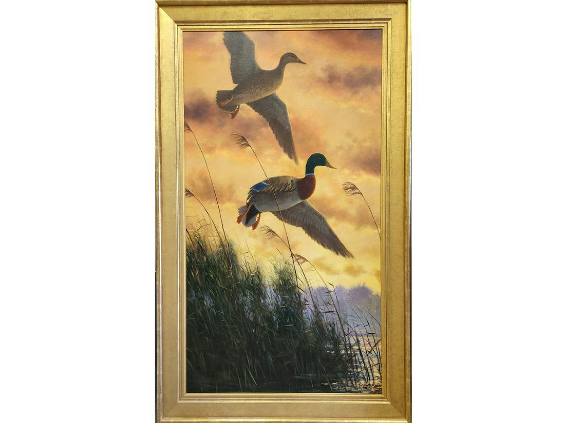 Ed Hatch, large oil on canvas.: Ed Hatch, large oil on canvas. Depicts two landing mallards. Drake with banded leg. Image measures 61" x 33". Provenance: Charles Long collection. Notes: Painting