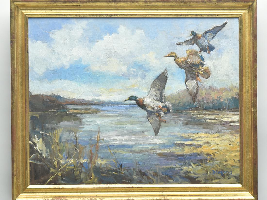 David Lazarus (b.1952), oil on canvas.: David Lazarus (b.1952), oil on canvas. Three flying mallards. Signed lower right. Image measures 15.5" x 19.5". Provenance: Charles Long collection. Notes: Painting