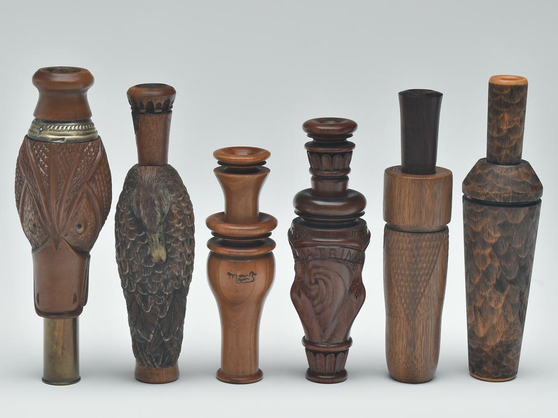 Six contemporary duck calls, various makers.: Six contemporary duck calls, various makers. One by Don Faigley. Two by Marv Myer, both have Marv’s name in the barrels. One is in the style of Kinny & Harlow with an Reelfoot style stopper. One
