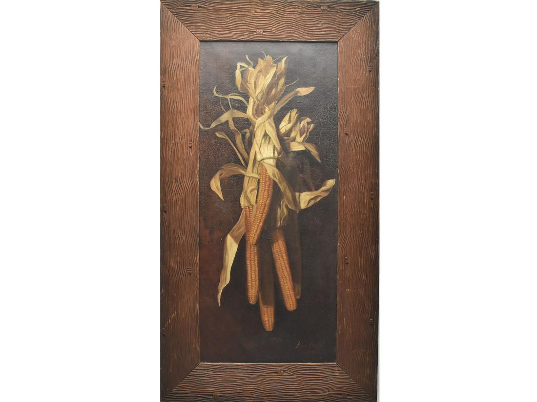 Oil on canvas of hanging corn cobs.: Signed lower right Anna Warfel and dated 1888. Stretcher and canvas show great age. Image measures 29" x 12.5"